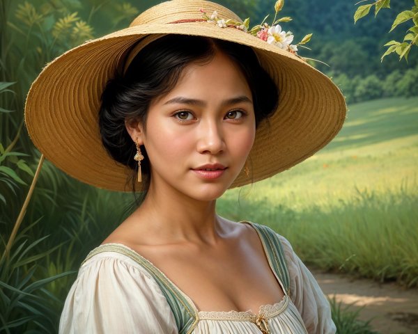 Young woman in straw hat poses in green landscape