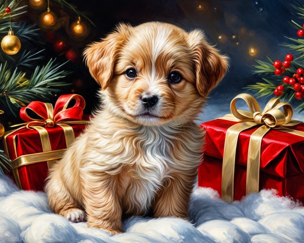 Fluffy Golden Puppy Surrounded by Holiday Decor