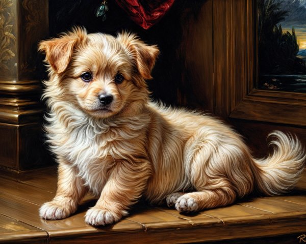 Fluffy Cream-Colored Puppy on Wooden Surface