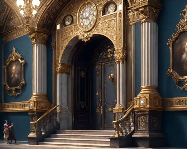 Opulent Entrance Hall with Blue Walls and Golden Details