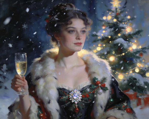 Festive Woman in Historical Gown Amid Snowy Scene