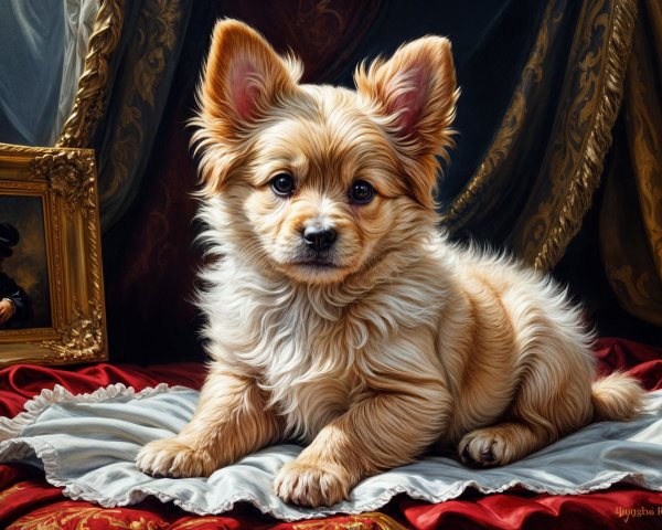 Golden Puppy on Ornate Cloth with Vintage Backdrop