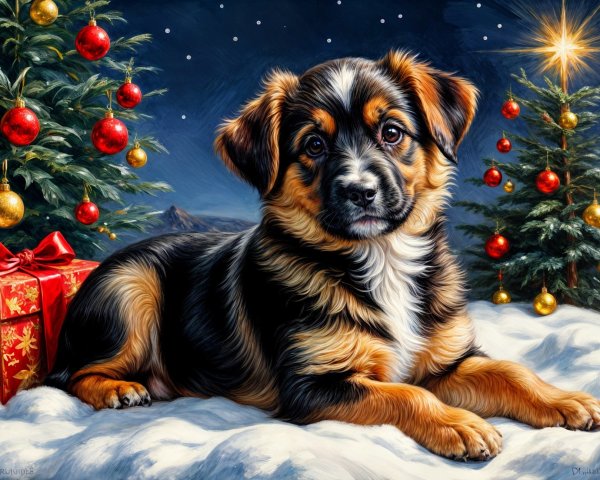 Playful Puppy in Snow with Christmas Decorations