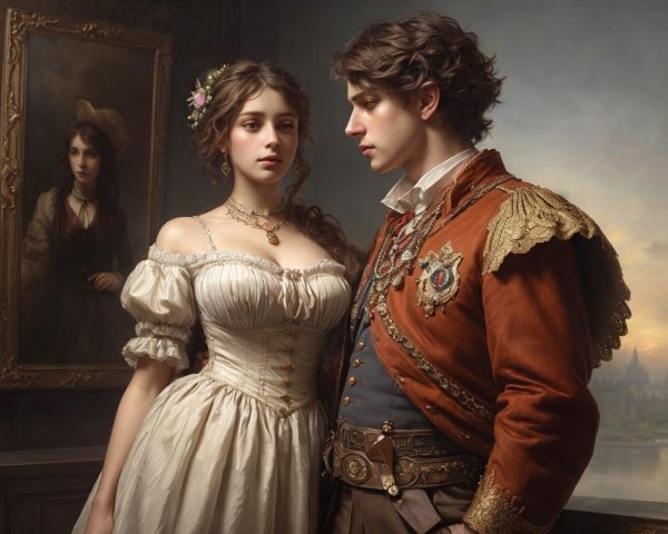 Young Woman in Vintage Dress with Military Man Portrait
