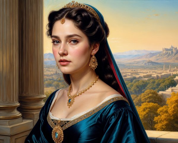 Young Woman in Regal Blue Gown with Scenic Background