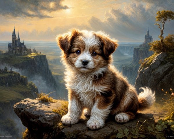 Fluffy Puppy on Rocky Ledge with Scenic Landscape