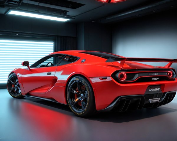 Sleek red sports car with rear wing in modern garage