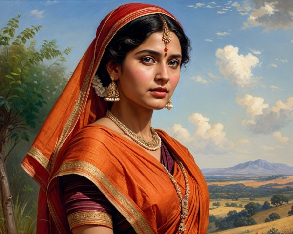 Young Woman in Orange Traditional Outfit Against Nature