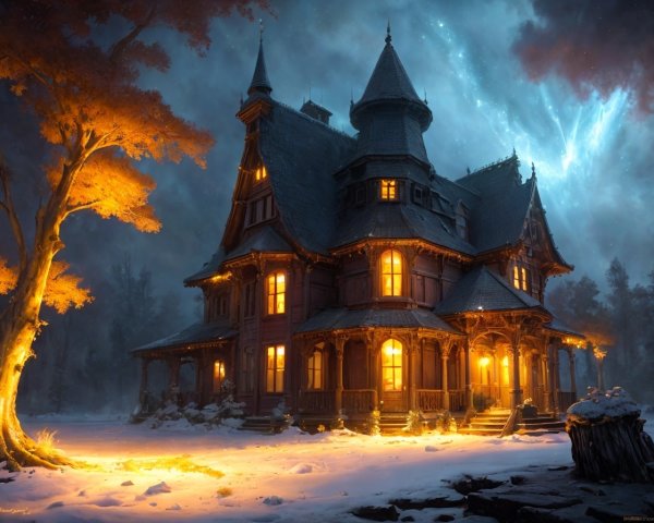 Victorian Mansion at Night in Snowy Forest Setting