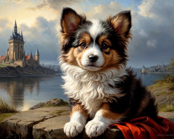 Fluffy Tri-Color Dog on Rocky Ledge with Castle View