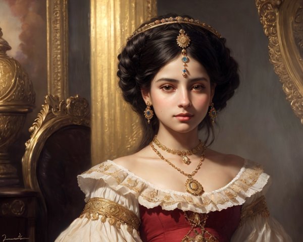 Elegant Young Woman in Historical Dress and Headpiece
