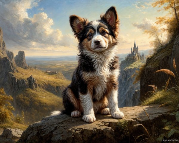 Fluffy Dog on Rocky Ledge with Scenic Landscape