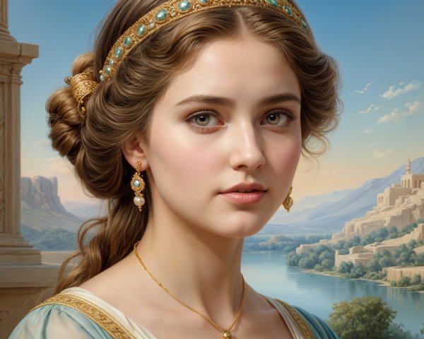 Elegant young woman in serene mountain landscape