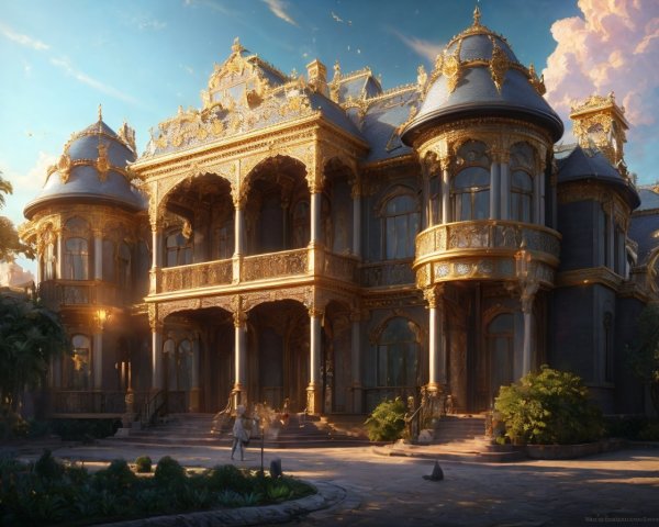 Ornate mansion with golden details and lush landscaping