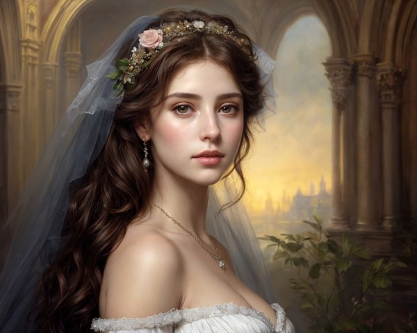Young Woman in Wedding Dress with Floral Crown