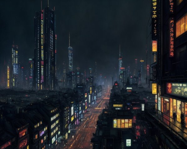 Nighttime cityscape with illuminated skyscrapers and neon signs in foggy urban setting