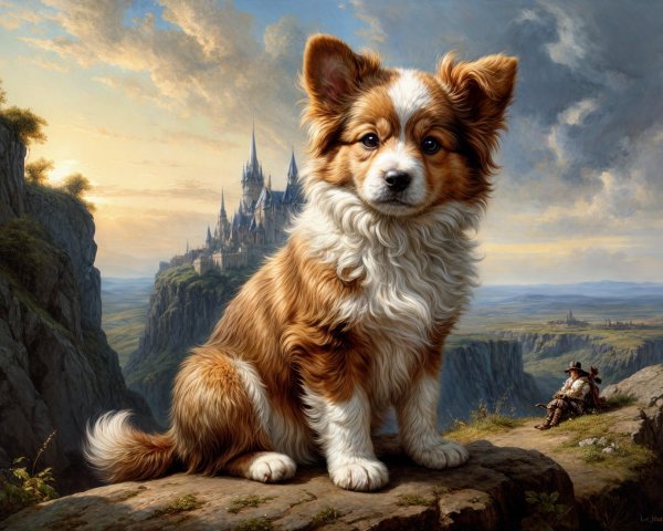 Fluffy Dog on Rocky Ledge with Scenic Landscape
