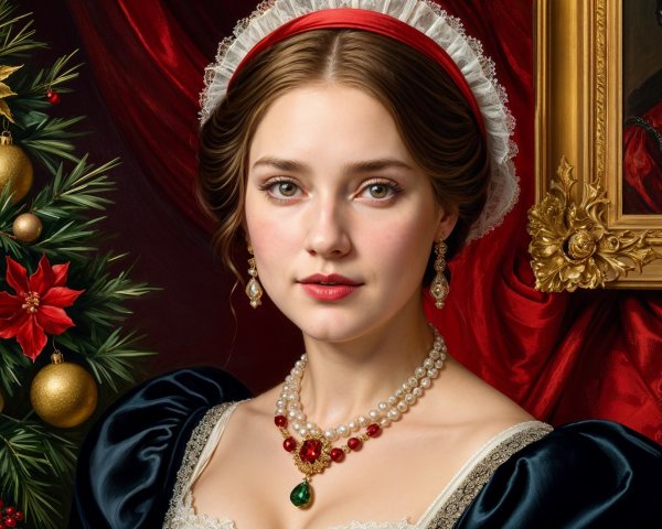 Elegant Woman in Luxurious Gown with Christmas Backdrop