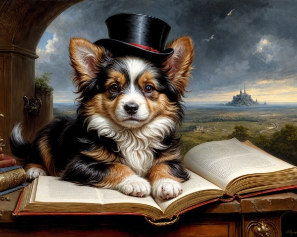 Corgi in Top Hat on Book with Scenic Background