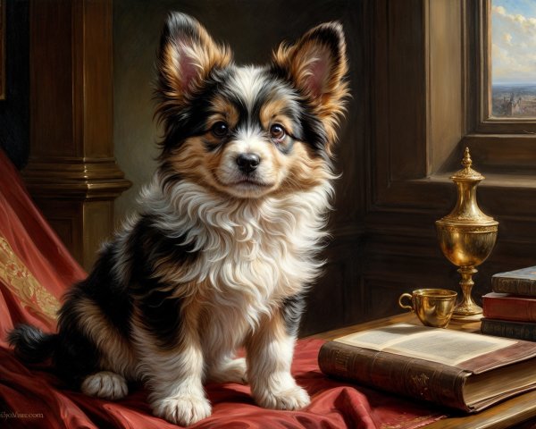 Fluffy puppy on red cloth with gold vase and books