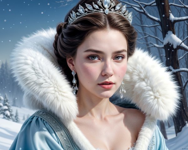 Young woman in blue gown in snowy landscape