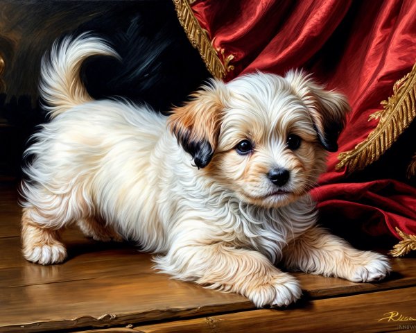 Fluffy Golden-Haired Puppy on Wooden Surface