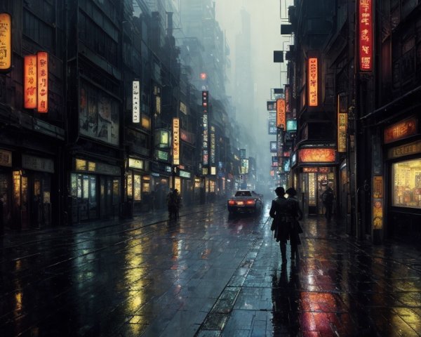 Night scene: rain-soaked street with neon signs, wet pavement, car, and person with umbrella