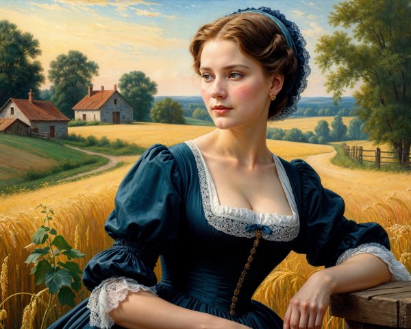 Young woman in blue dress in serene rural landscape