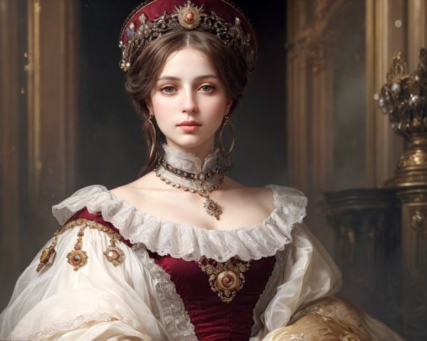 Young woman in historical royal gown with jeweled crown exudes elegance