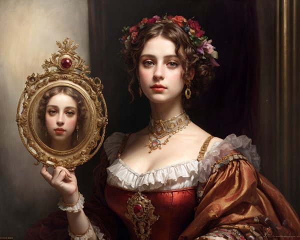 Woman with Floral Wreath and Reflective Mirror