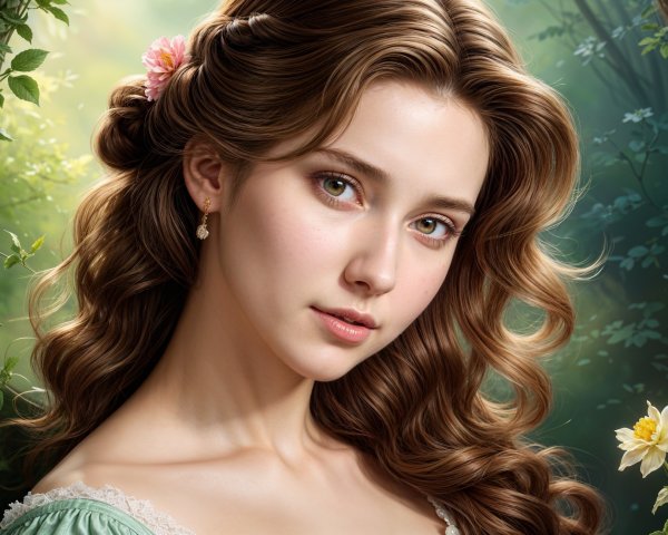 Young woman in pastel gown with floral backdrop