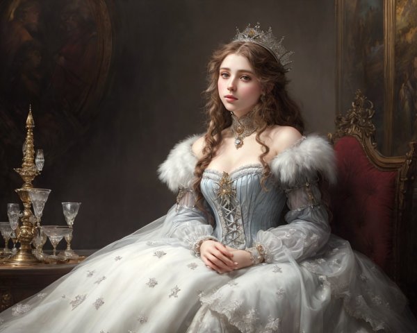 Luxurious blue and white gown with fur accents on regal young woman sitting amidst opulent decor