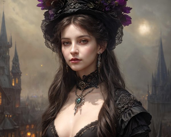 Victorian-era Woman in Black Dress with Lace and Purple Flower Hat Against Industrial Gothic Architecture