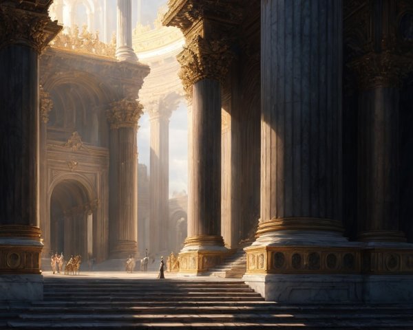 Spacious sunlit hall with towering columns and figures walking.