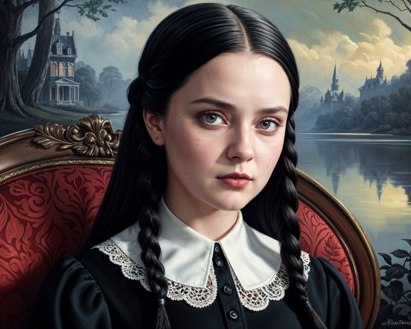 Young girl in black dress seated in ornate red chair