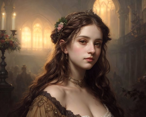 Ethereal portrait of woman with floral crown and intricate dress