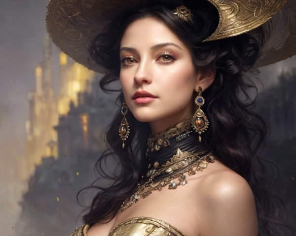 Woman in Black Outfit with Golden Hat and Jewelry