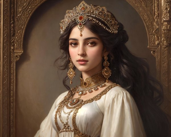 Regal Woman in Jewelry with Elegant Gown and Crown