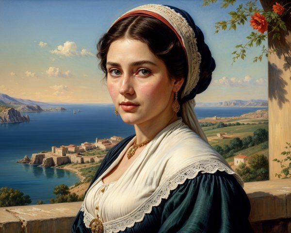 Young Woman in Elegant Dress by Serene Coastal Landscape