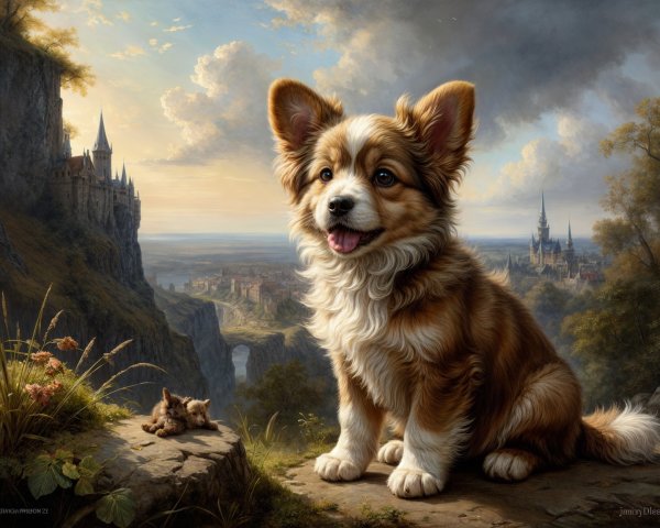 Fluffy Corgi in a Scenic Castle Landscape