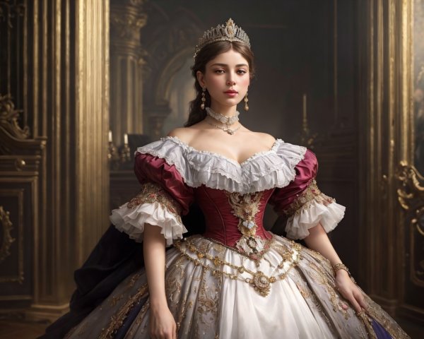 Vintage ball gown with tiara and necklace in opulent room