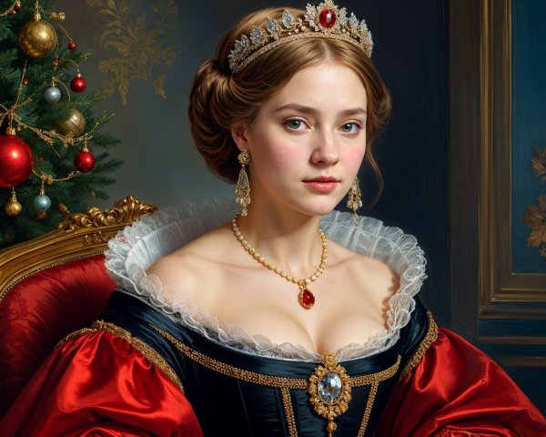 Elegant Woman in Opulent Dress by Christmas Tree