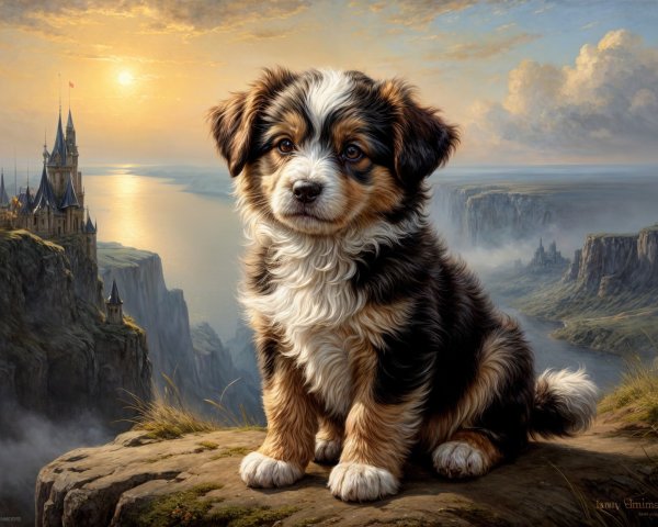 Fluffy Puppy on Rocky Ledge Overlooking Scenic Landscape
