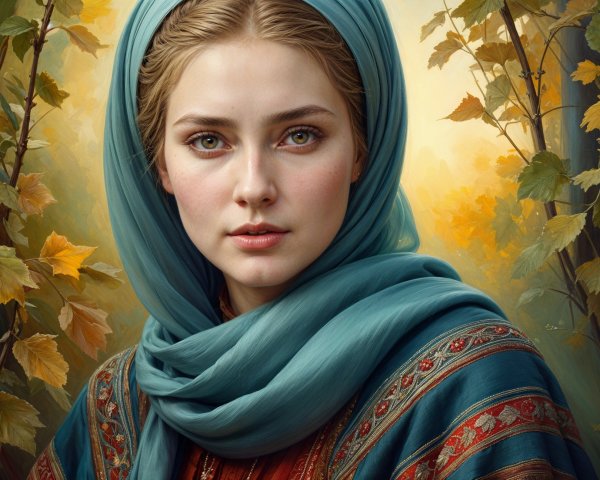 Young Woman in Traditional Attire with Green Eyes