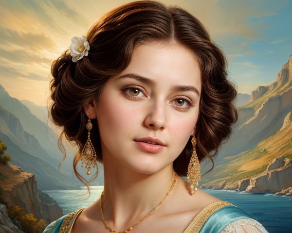Young Woman in Blue Dress with Serene Landscape