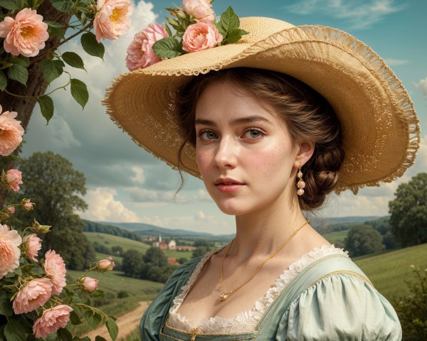 Young Woman in Blue Dress Among Blooming Roses