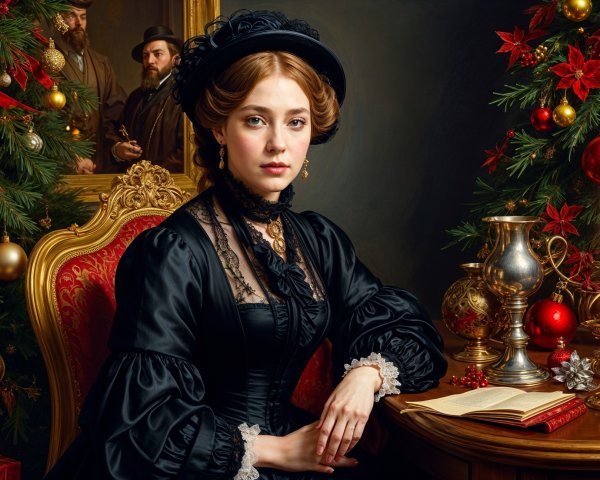 Young Woman in Victorian Dress Amid Festive Decor