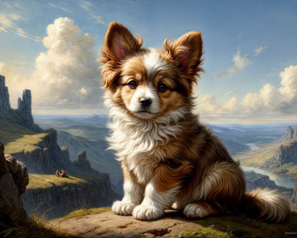 Puppy on Rocky Ledge with Scenic Landscape Background