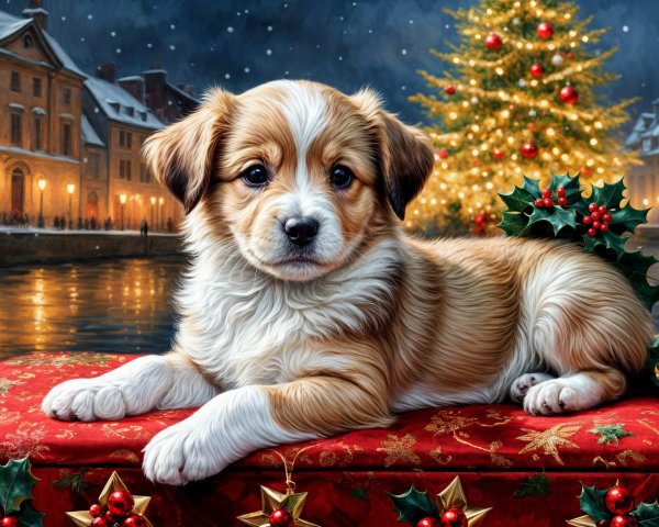 Cute puppy on festive blanket with Christmas tree backdrop
