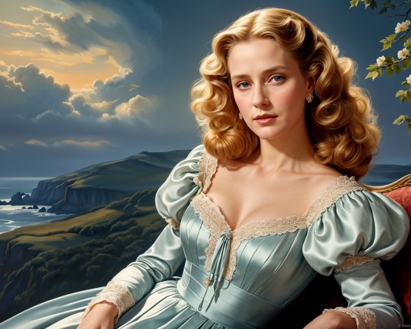 Elegant Woman in Blue Dress Against Coastal Landscape